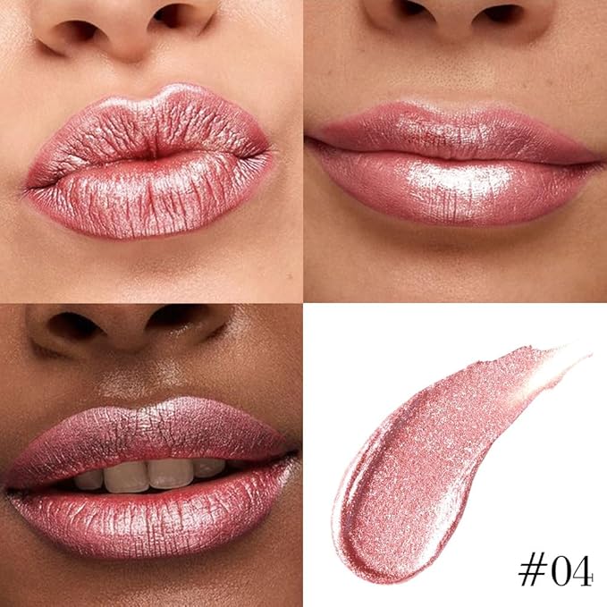 evpct Rose Gold Metallic Glitter Lip Liner and Lipstick Combo Lip Gloss Stain Set Makeup for Women Long Lasting Waterproof 24, Nude Pink Frosted Metallic Shimmer Glossy iridescent Liquid Lipstick 04