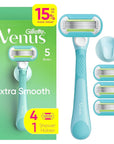 Gillette Venus Extra Smooth Razor for Women, Includes 1 Reusable Razor Handle + 4 Refills, 5-Bladed, Ergonomic No-Slip Gel Handle and Shower Holder