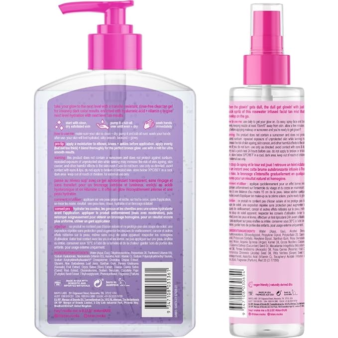 b.tan Clear Self Tanning Gel & Face Spray Kit | Glow Your Own Way Next Level + Gradual Facial Tan Mist Bundle - Dark, 1 Hour Express, Transfer-Resistant Fake Tanner, with Body Mitt Applicator