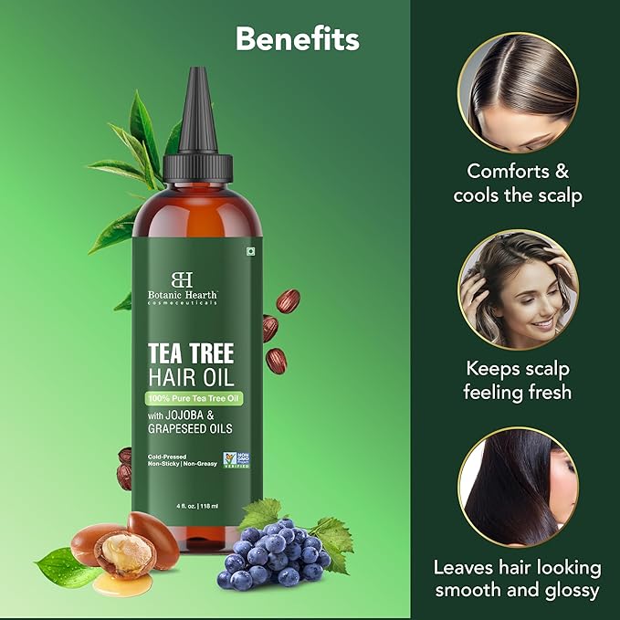Botanic Hearth 100% Pure Tea Tree Oil For Hair Growth | Infused with Jojoba & Grapeseed Oils | Hair Oil Repairs Dry Damaged Hair, Strengthening, Healthier - Hair Tonic, 4.0 fl oz