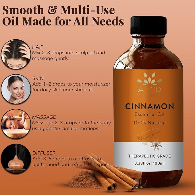 Cinnamon Essential Oil for Diffuser | 100% Pure & Natural | UNDILUTED Therapeutic Grade Cinnamon Oil | Perfect for Aromatherapy Relaxation Skin Care & More |3.38 fl. Oz