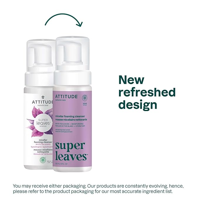 ATTITUDE Micellar Foaming Facial Cleanser, EWG Verified, Dermatologically Tested, Plant and Mineral-Based, Vegan, White Tea Leaves, 5 Fl Oz