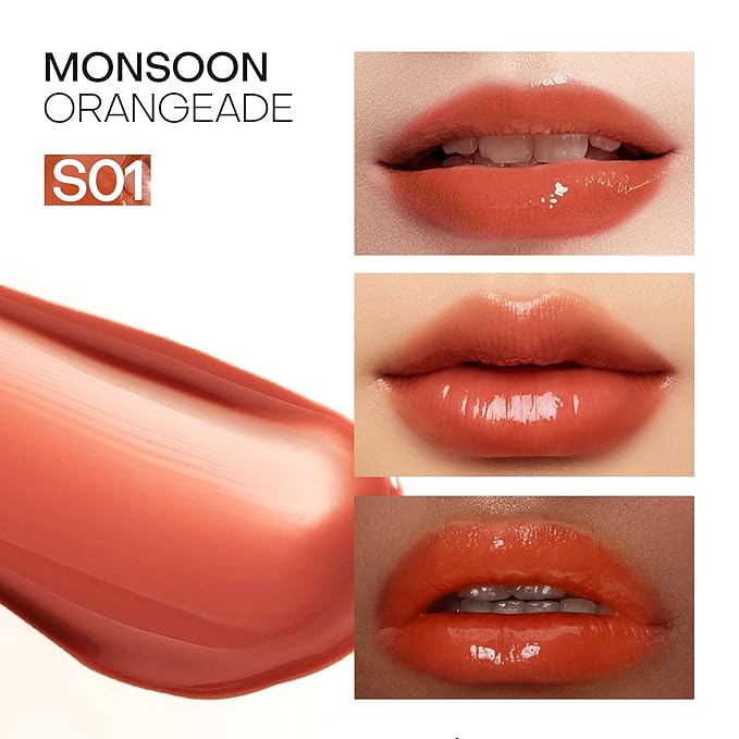 Mistine Lipstick Thai Latte Sheer Aqua Rouge Flowing Plumping Lipstick for Women Non-sticky Hydrating Creamy Finish S01 Monsoon Orangeade 3.5g,1 Count