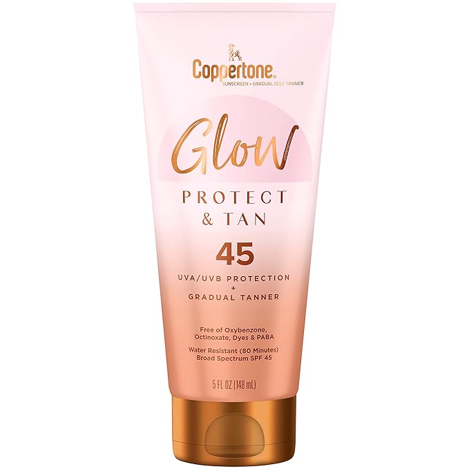 Coppertone Glow Protect and Tan Sunscreen Lotion + Gradual Self Tanner, SPF 45 Sunscreen, 5 Fl Oz Tube