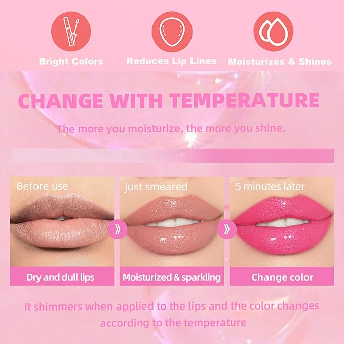 2PCS Magic Color Changing Lip Oil - Big Brush, Long Lasting Shimmery, Warm Change Hydrating Lip Gloss