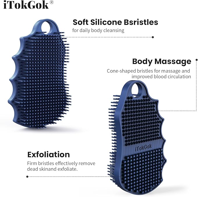 Silicone Body Scrubber Silver-Infused Dual-Sided 3-in-1 for Shower, Body Cleaning+Massage+Exfoliator Body Brush Buffer for Men and Women, Silicone Loofah, Non-Slip Handle (Blue)