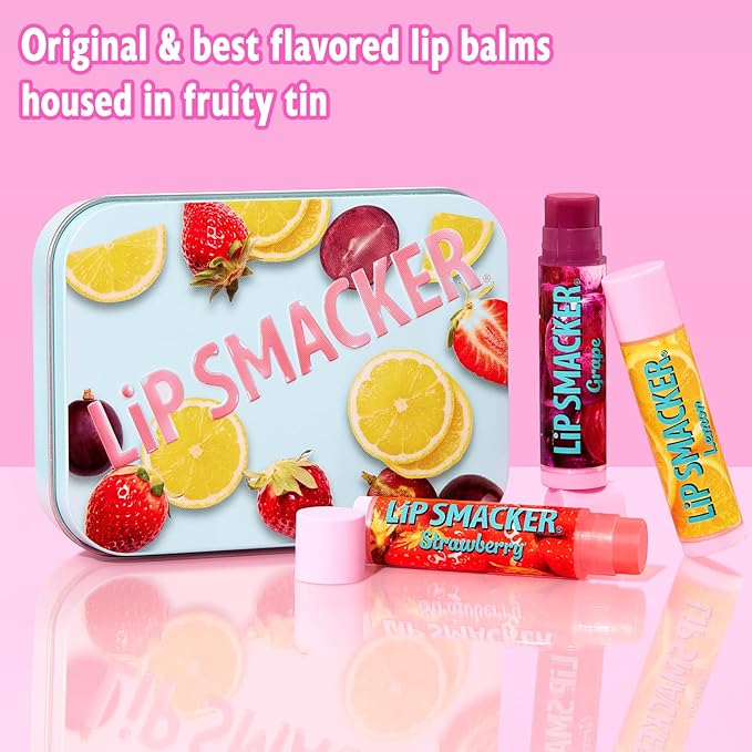 Lip Smacker Nostalgia Lip Balm Trio Tin, Original & Best Flavors, Grape, Lemon, and Strawberry, Moisturizing & Hydrating Lip Care, Clear Glossy Finish, Fun & Collectible Gift Set for All Ages