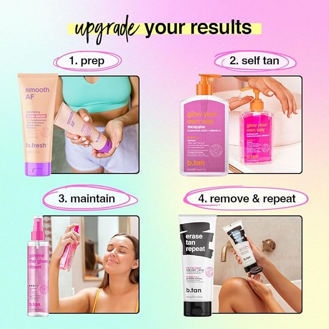 b.tan Clear Self Tanning Gel & Exfoliating Kit | Glow Your Own Way + Erase Tan Repeat Bundle - 1 Hour Express, Transfer-Resistant Dark Fake Tanner, 2-in-1 Exfoliator Scrub & Body Wash with Mitt
