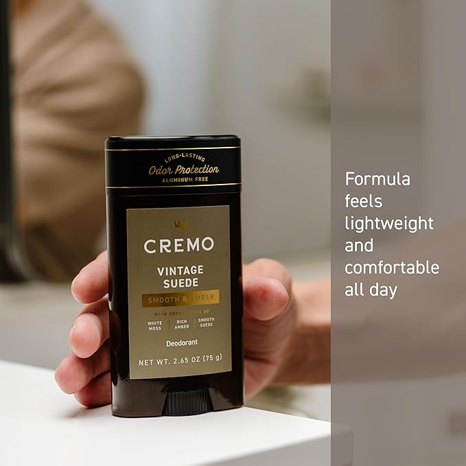 Cremo Vintage Suede Aluminum Free Deodorant for Men, 48-hour Long Lasting Odor Protection, 2.65oz