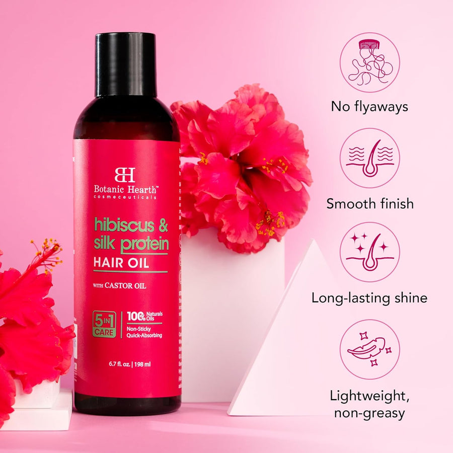 Botanic Hearth Hibiscus & Silk Protein Hair Oil (6.7 Fl Oz) | Hair Growth, Hydration & Repair | Tames Frizz, Adds Shine | After Wash Lightweight Hair Oil | For Dry, Damaged Hair | All Hair Types