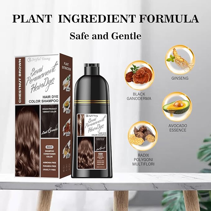 Hair Dye Shampoo 3-in-1 Vegan Color for Gray Hair - Ammonia-Free for Men & Women – Beard & Hair Coloring – Instant Gray Coverage Champú Para Canas Mujer & Hombre (CHESTNUT BROWN)