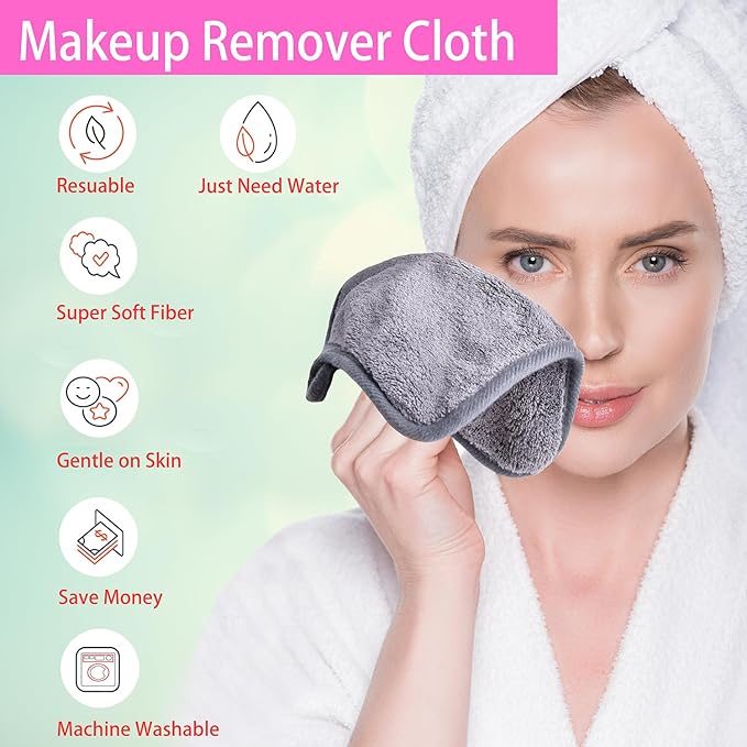 Makeup Remover Cloths for Face, Eye, Lips - Reusable Makeup Remover Pads Soft Microfiber Facial Cleansing Cloths 8 x 8 inch 6 Pack (Gray)