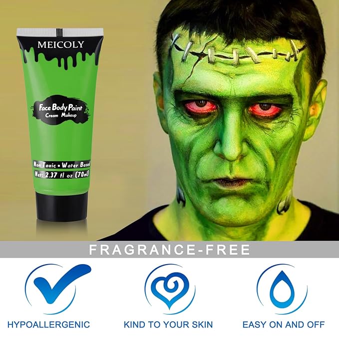 MEICOLY Light Green Face Body Paint(2.37Oz),Lime Green Face Paint for Halloween SFX Witch Makeup,Elphaba Green Face Paint,Camouflage Hunting Hulk Gamora,St Patrick's Day Accessories
