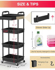 Goovilla 4 Tier Rolling Utility Cart Organizer with Removable Drawer, Stable and Sturdy Black Rolling Storage Carts with 2 Lockable Wheels for Bathroom, Kitchen, Snack, Craft, Makeup, Baby Essentials