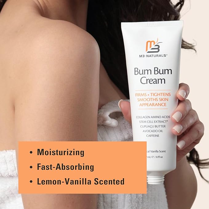 Bum Bum Cream with Lemon Vanilla Scent, 2-in-1 Skin Care Cellulite Treatment & Massage Lotion, Non-Greasy Skin Tightening for Firm Butt, Belly, and Thighs with Cupuaçu, Collagen, and Caffeine, 8 Fl Oz
