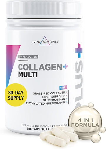 Livingood Daily Collagen Powder for Women & Men, Unflavored, Grass Fed Hydrolyzed Collagen Peptides, Protein & Multivitamins for Healthy Hair, Skin & Nails, Keto & Paleo, Gluten Free, 30 Servings