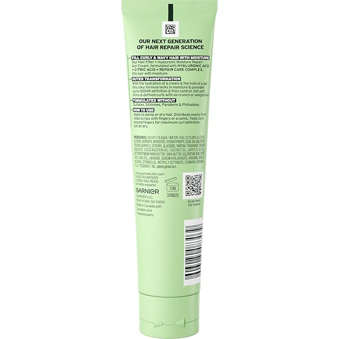 Garnier Fructis Hair Filler Moisture Repair Gel-Cream, Hair Gel for Curls and Waves with Hyaluronic Acid, 5.1 Fl Oz, 1 Count