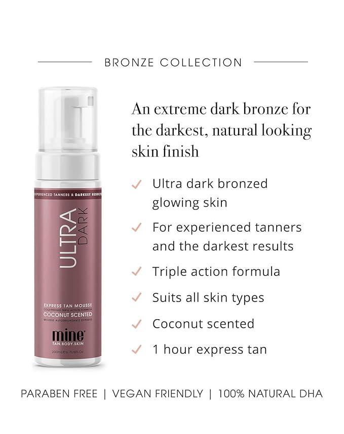 MineTan Ultra Dark Self Tanner Mousse - Clean, Sunless Tanner For An Iconic Beach Bronze & Glowing Skin Finish, Body + Face Tanner, No Fake Tan Smell, Coconut Scented Self Tan, 200ml