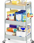 TOOLF 3-Tier Rolling Cart with Table Top, Metal Storage Cart on Wheels, Utility Organizer with Wooden Tray, Lockable Casters, Easy Assembly for Bathroom, Bedroom, Baby Room, Kitchen, Green
