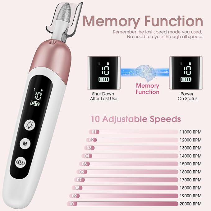 Cordless Electric Nail File Set, Professional Manicure Pedicure Kit with Memory Modes, 10 Speed Portable Nail Drill Machine, Pedicure Tools for feet, Hand Foot Care Tool for Thick Nail Toenail Cuticle