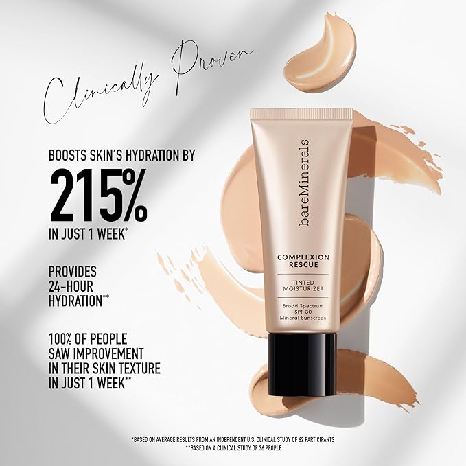 bareMinerals Complexion Rescue Tinted Moisturizer for Face with SPF 30, Vegan Tinted Mineral Sunscreen with Hyaluronic Acid, Mini Size, Opal 01
