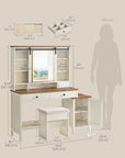 VASAGLE LIRY Collection - Vanity Desk with Mirror and Lights, Farmhouse Makeup Vanity with Stool, Charging Station, 2 Drawers, Jewelry Storage, for Bedroom, Rustic White and Honey Brown URDT135W01S