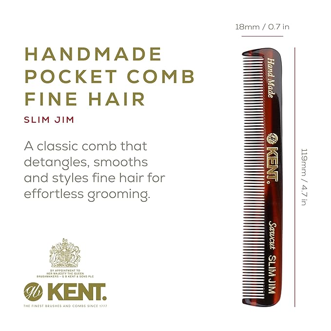 Kent Slim Jim Handmade All Fine Tooth Pocket Comb for Men, Hair Comb Straightener for Everyday Grooming Styling Hair, Mustache and Beard, Use Dry or with Balms, Saw Cut Hand Polished, Made in England