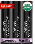 Moroccan Magic Organic Lavender Vanilla Lip Balm 3 Pack | Ultra-Hydrating Argan & Essential Oil Lip Moisturizer + Vitamin E | Natural Chapstick for Dry Lips | Smooth, Non-Toxic | Organic Lip Balm