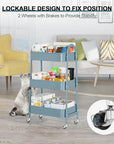 3 Tier Utility Rolling Cart, EAGMAK Metal Storage Cart with Handle and Lockable Wheels, Multifunctional Storage Organizer Trolley with Mesh Baskets for Kitchen, Living Room, Office, Garage (Blue)