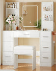Vanity Desk with Mirror, Stool, Touch LED Light and Power Outlet Makeup Vanity Table with 7 Drawers and 6 Storage Shelves Dressing Table for Bedroom Dressing Room