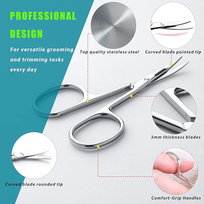 Facial Hair Small Grooming Scissors For Men Women - Eyebrow, Nose Hair, Mustache, Beard, Eyelashes, Ear Trimming Kit - Curved and Rounded Safety Tip Clippers For Hair Cutting 2PCS With Cover Sliver