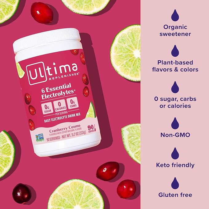 Ultima Replenisher Mocktini Electrolyte Drink Mix – Cranberry Cosmo, 90 Servings – Hydration Powder with 6 Electrolytes & Trace Minerals – Keto Friendly, Non-GMO & Sugar-Free Electrolyte Powder