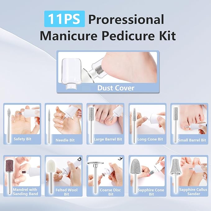 Electric Nail File Drill, Cordless 2000 mAh Rechargeable Nail Filer Electric, Portable Nail Dril 10 Speeds Professional Machine Drill for Nails Acrylic Manicure and Thick Toenails Grinder (White)