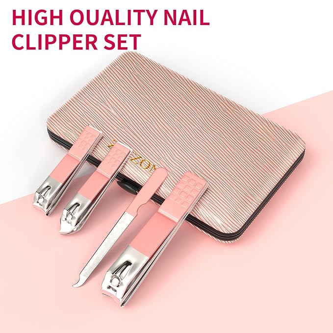 ZIZZON Travel Mini Manicure Set Nail Clipper Set 10 in 1 Stainless Steel Pedicure Care Grooming kit with Case Pink
