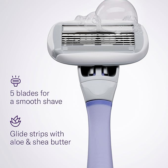 Flamingo Razors for Women Shave Set, 1 Women's Razor Handle (Lilac), 2 Razor Five-Blade Refills, 1 oz. Foaming Shave Gel, and 1 Shower Holder