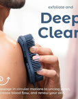 MainBasics Silicone Body Scrubber – Dual-Sided Shower Exfoliator for Men & Women, Gentle Silicone Loofah Alternative for Deep Clean (Dark Blue, Exfoliate)