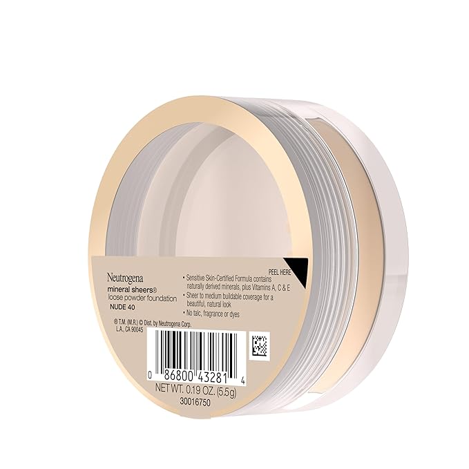 Neutrogena Mineral Sheers Lightweight Loose Powder Makeup Foundation with Vitamins A, C, & E, Sheer to Medium Buildable Coverage, Skin Tone Enhancer, Face Redness Reducer, Nude 40,.19 oz
