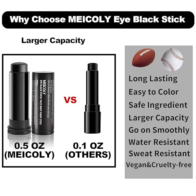 MEICOLY 3pcs Eye Black Stick for Sports,Easy to Color Athletes Black EyeBlack, Sporting Face Paint for Baseball Softball Football Lacrosse,Smooth Easy to Apply Halloween Face Body Paint Stick,1.5Oz