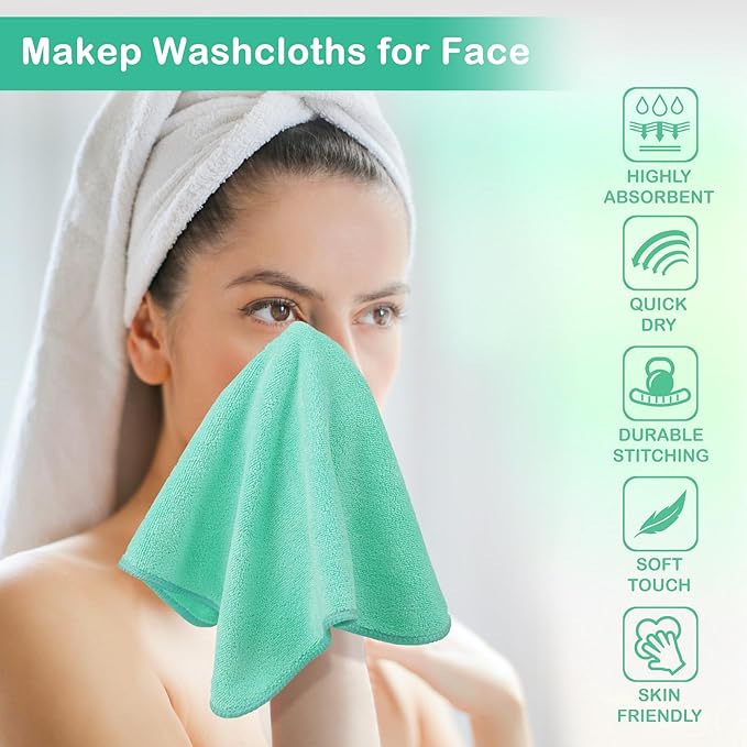 Nugilla Makeup Remover Cloth 12 x 12 Inch, Reusable Makeup Remover Towels for Washing Face, 6 Pack Washable Microfiber Face Cloth Fast Drying Washcloth, Brown/Coral/Green