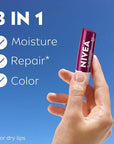 NIVEA Blackberry Lip Care, Tinted Lip Balm with Shea Butter, Nourishing Oils and Vitamin C & E, 3-in-1 Moisture, Repair (for Dry Lips) and Color, 0.17 Oz Stick