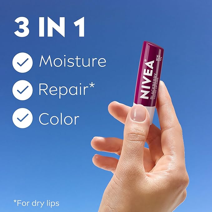 NIVEA Blackberry Lip Care, Tinted Lip Balm with Shea Butter, Nourishing Oils and Vitamin C & E, 3-in-1 Moisture, Repair (for Dry Lips) and Color, 0.17 Oz Stick