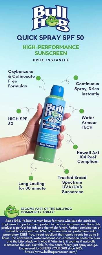 Bullfrog Quik Spray Sunscreen SPF 50 | Oxybenzone & Octinoxate Free | Broad Spectrum Moisturizing UVA/UVB, 6oz