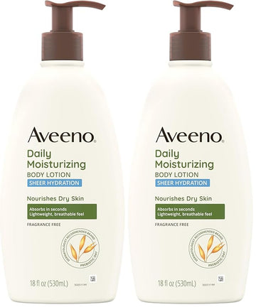 Aveeno Sheer Hydration Daily Moisturizing Fragrance-Free Lotion with Nourishing Prebiotic Oat, Fast-Absorbing Body Moisturizer for Dry Skin with Lightweight, Breathable Feel, 18 fl. oz (Pack of 2)