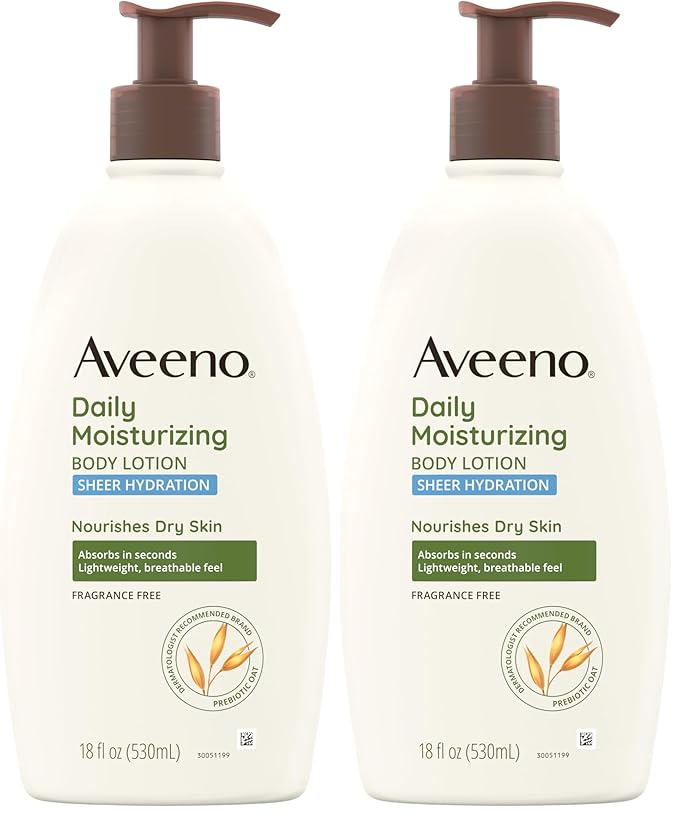 Aveeno Sheer Hydration Daily Moisturizing Fragrance-Free Lotion with Nourishing Prebiotic Oat, Fast-Absorbing Body Moisturizer for Dry Skin with Lightweight, Breathable Feel, 18 fl. oz (Pack of 2)