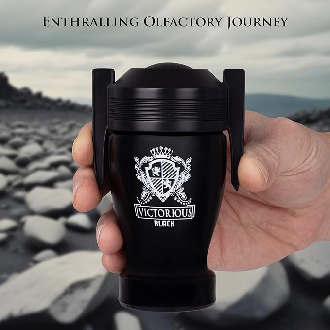 Victorious Black for Men Eau De Toilette 3.4 Fl Oz- Top Notes of Juicy Mandarin Orange & Grapefruit Blended with Sea Notes Base Notes of Ambergris, Guaiac Wood, Patchouli & Moss Elegant 100ml Bottle