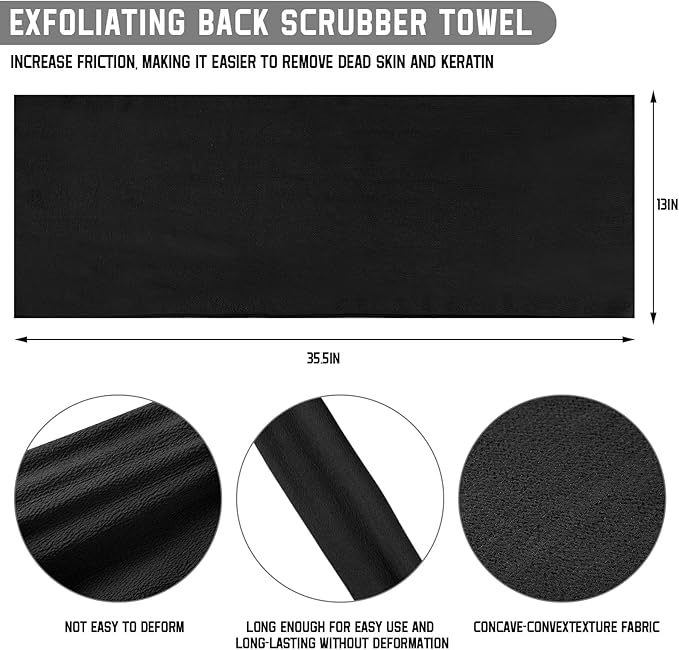 Tatuo 4 Pieces Korean Exfoliating Washcloth Body Back Scrubber Japanese Italy Exfoliating Cloth 35.5 Inch Long Bath Towel Washcloth Dead Skin Remover for Men Women(Black)