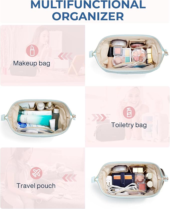 BAGSMART Makeup Bag Travel Toiletry Bag, Puffy Padded Make Up Bags for Women Makeup Organizer Case, Wide-open Pouch Purse Travel Essentials Toiletries Accessories Brushes, Light Blue
