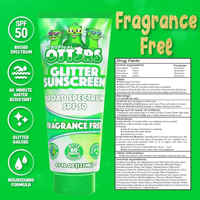 Glitter Sunscreen SPF 50 Lotion 4.5oz - Sparkle & Shimmer Sunscreen - Colored Sun screen for Kids & Women - UVA/UVB Sunshine Protection + 80 Min Water Resistant - (No Fragrance) (USA Made)