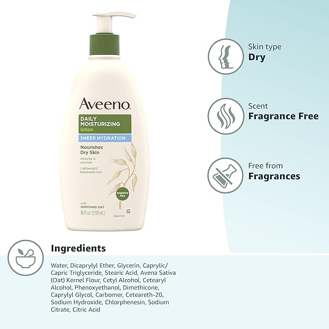 Aveeno Sheer Hydration Daily Moisturizing Fragrance-Free Lotion with Nourishing Prebiotic Oat, Fast-Absorbing Body Moisturizer for Dry Skin with Lightweight, Breathable Feel, 18 fl. oz (Pack of 2)