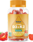 Natural Vitamin D3 K2 Gummies, 2000 IU Vitamin D3 & 100 mcg Vitamin K2,Supports Healthy Bone, Immune Health Supplement, GMO Free, Gluten Free (Strawberry Flavor, 60 Count)